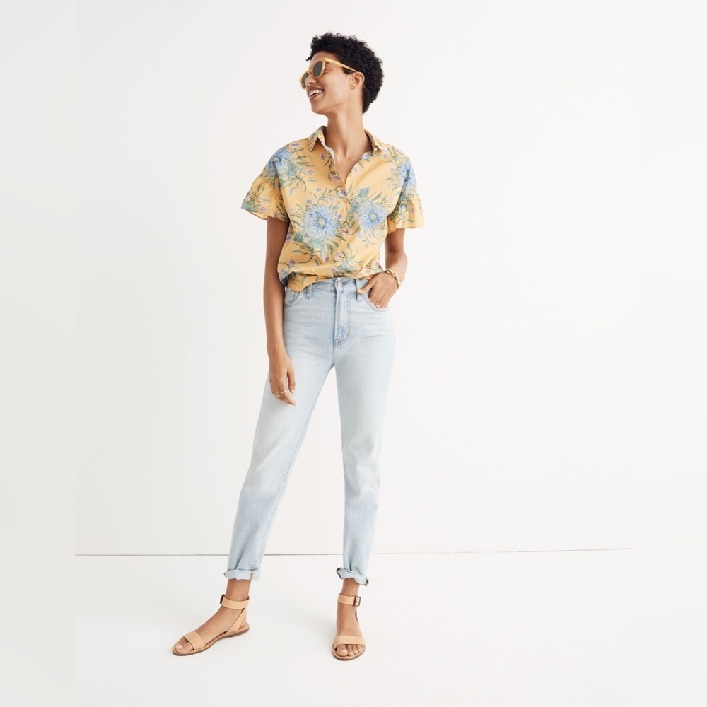 Madewell Ruffle-Sleeve Button-Down in Painted Blooms Van Greek Gold - Size XS